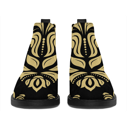 Black And Beige Damask Pattern Print Flat Ankle Boots