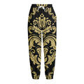 Black And Beige Damask Pattern Print Fleece Lined Knit Pants