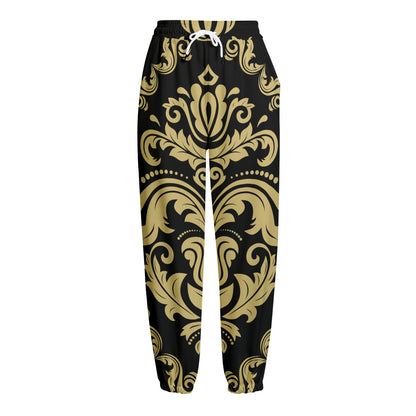 Black And Beige Damask Pattern Print Fleece Lined Knit Pants