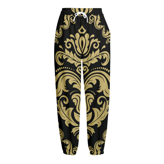 Black And Beige Damask Pattern Print Fleece Lined Knit Pants