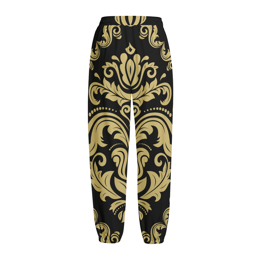 Black And Beige Damask Pattern Print Fleece Lined Knit Pants