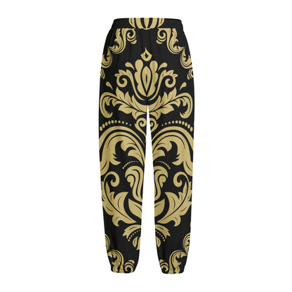Black And Beige Damask Pattern Print Fleece Lined Knit Pants
