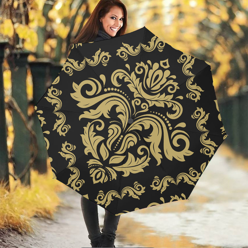 Black And Beige Damask Pattern Print Foldable Umbrella