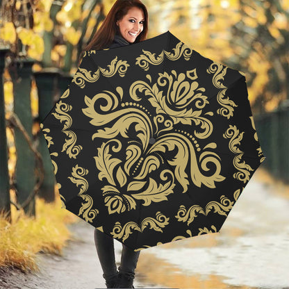 Black And Beige Damask Pattern Print Foldable Umbrella