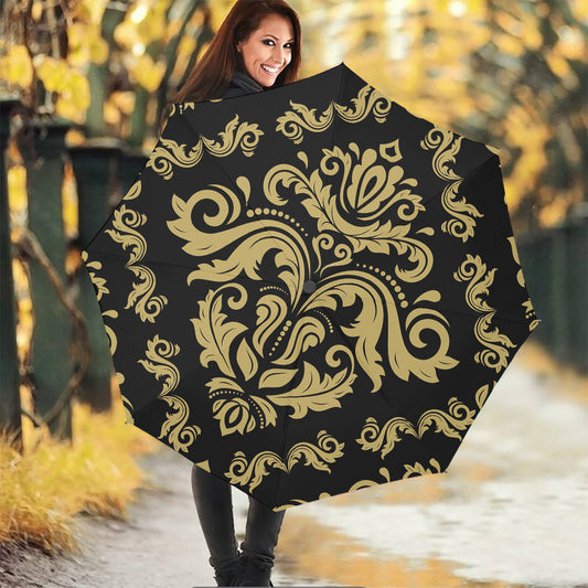 Black And Beige Damask Pattern Print Foldable Umbrella