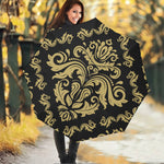 Black And Beige Damask Pattern Print Foldable Umbrella