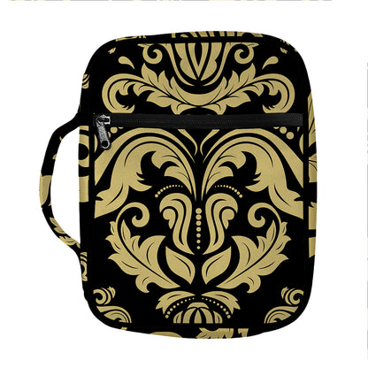 Black And Beige Damask Pattern Print Front Pocket Bible Bag