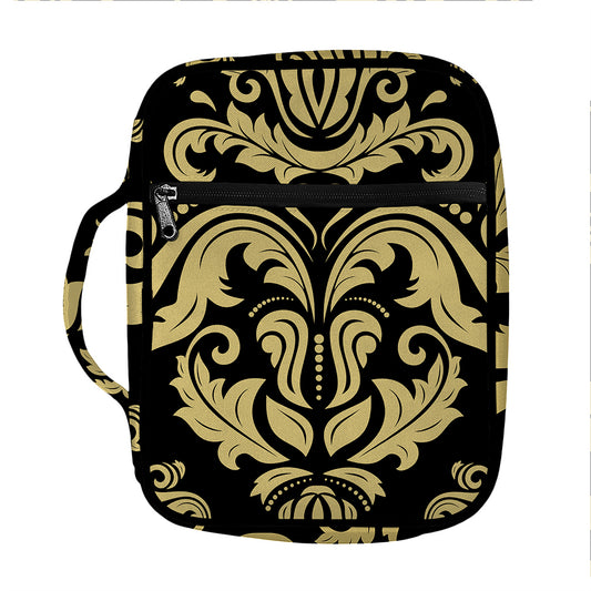 Black And Beige Damask Pattern Print Front Pocket Bible Bag