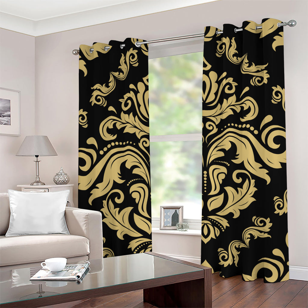 Black And Beige Damask Pattern Print Grommet Curtains