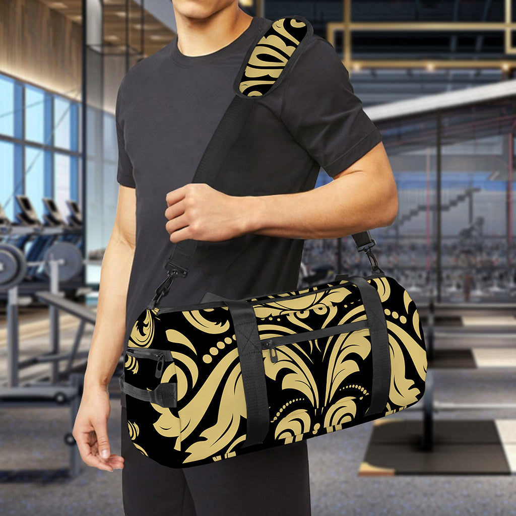 Black And Beige Damask Pattern Print Gym Bag