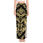 Black And Beige Damask Pattern Print High Slit Maxi Skirt