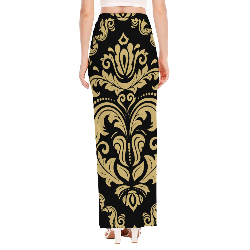 Black And Beige Damask Pattern Print High Slit Maxi Skirt