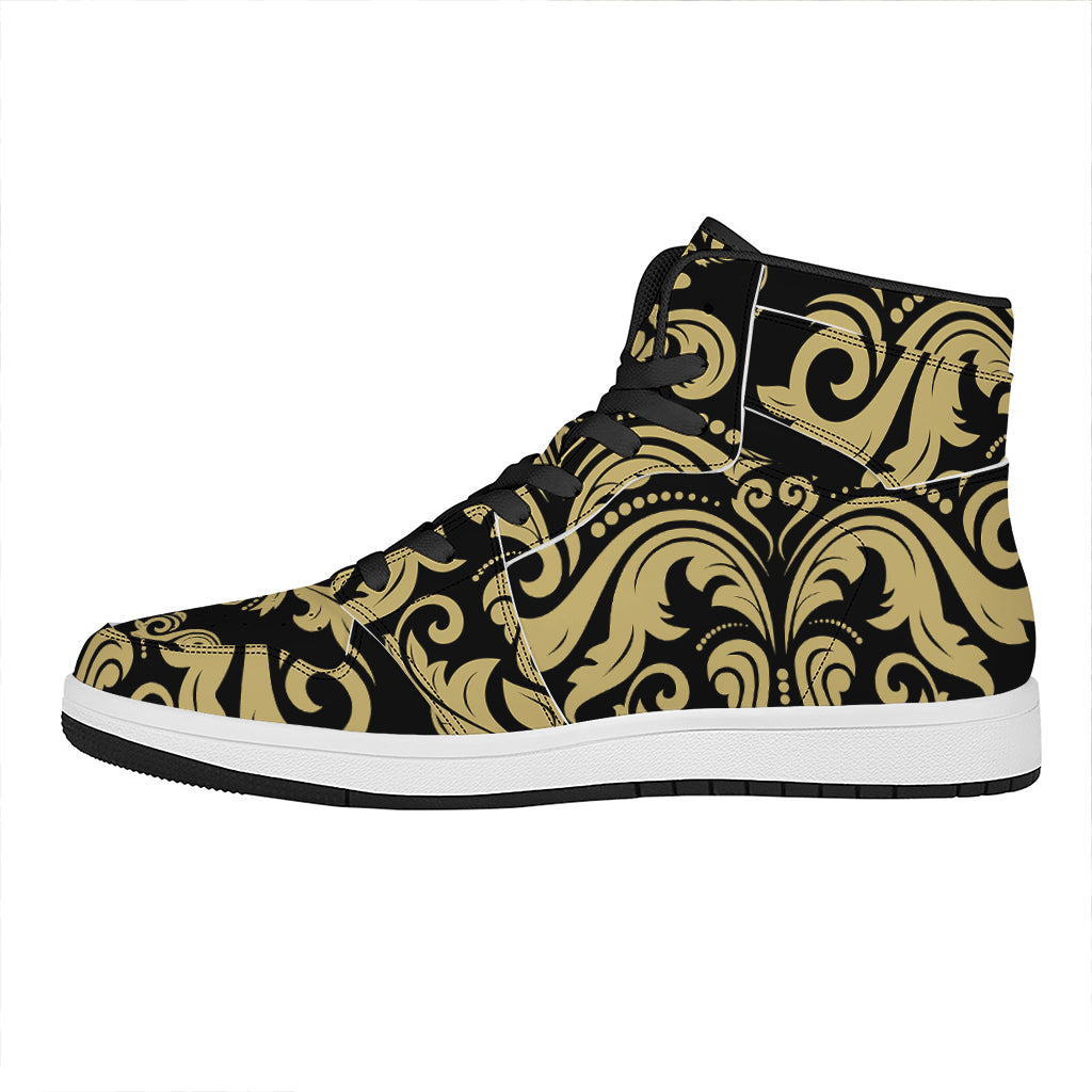 Black And Beige Damask Pattern Print High Top Leather Sneakers