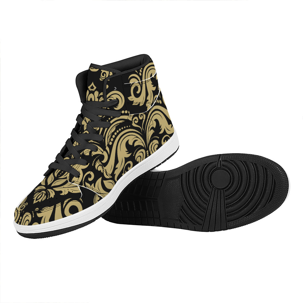 Black And Beige Damask Pattern Print High Top Leather Sneakers