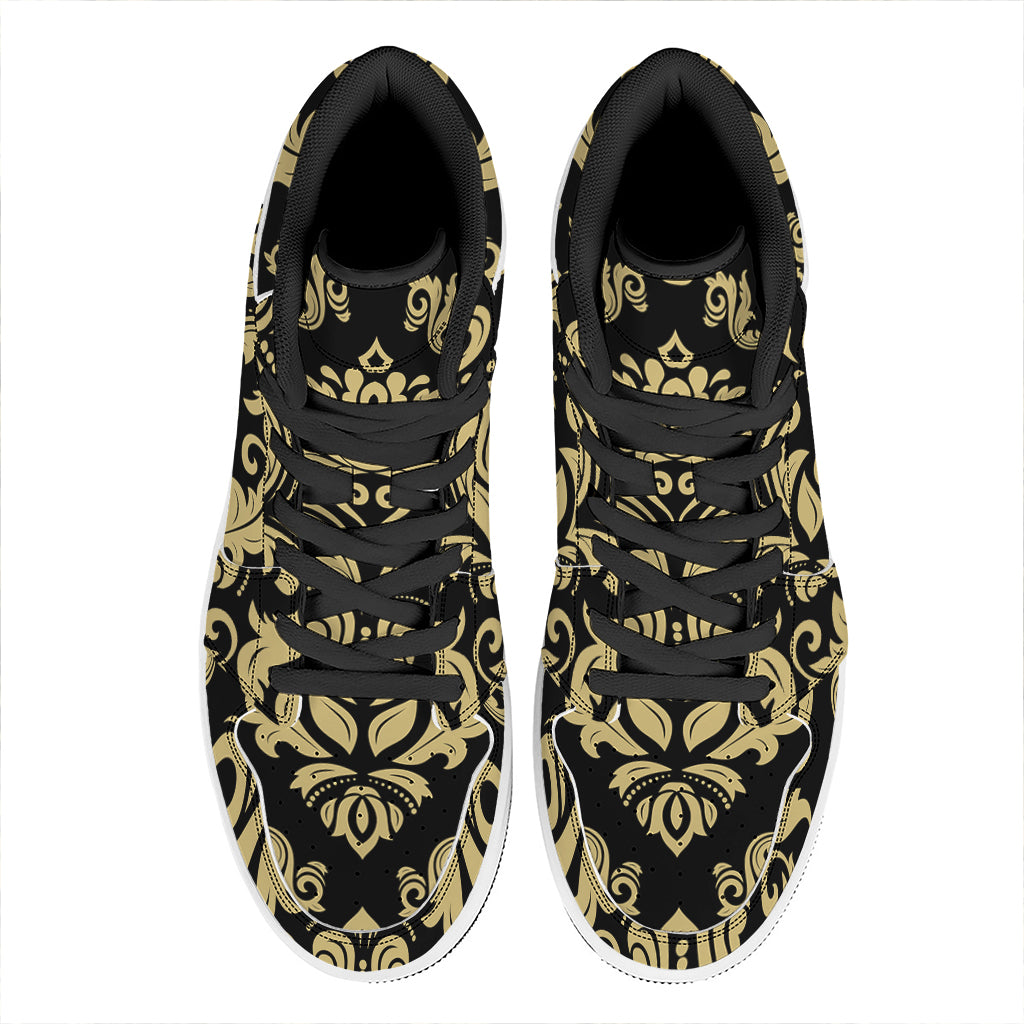 Black And Beige Damask Pattern Print High Top Leather Sneakers