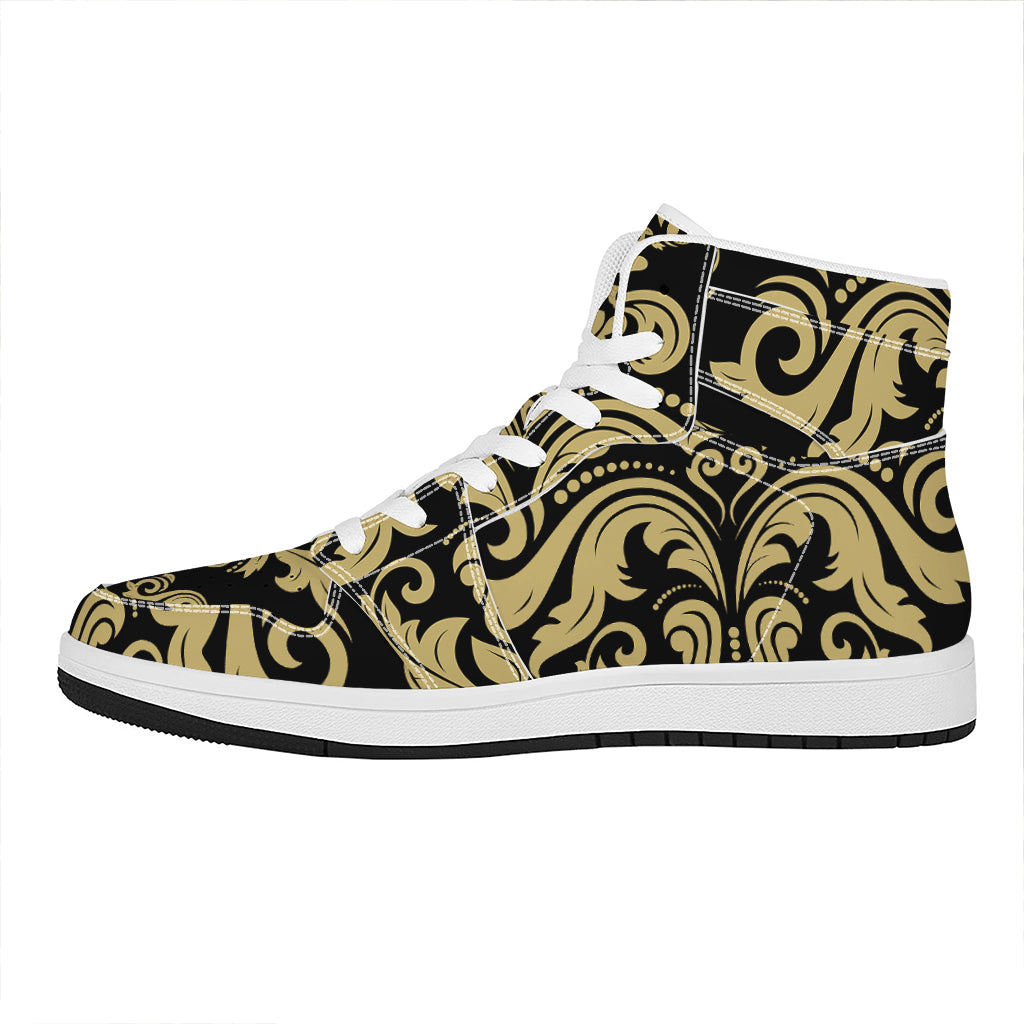 Black And Beige Damask Pattern Print High Top Leather Sneakers