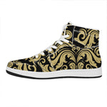 Black And Beige Damask Pattern Print High Top Leather Sneakers