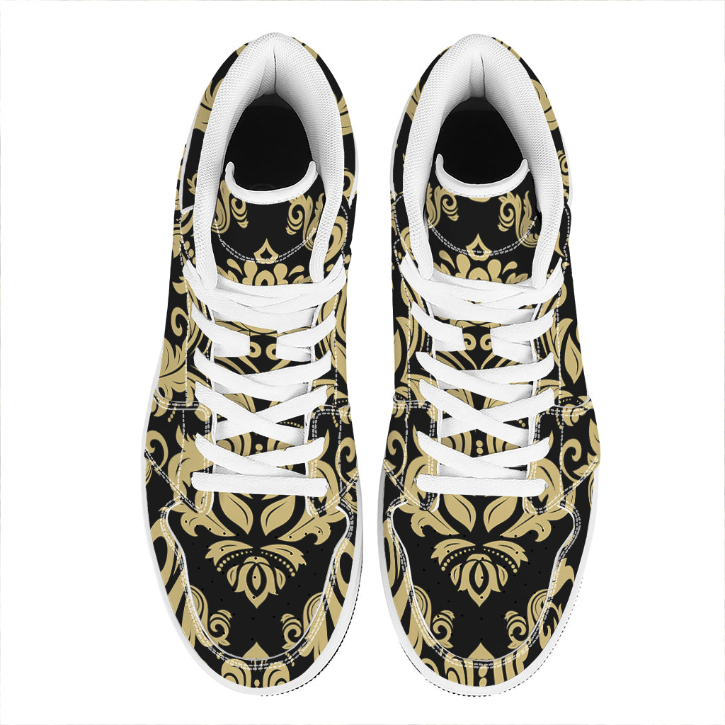 Black And Beige Damask Pattern Print High Top Leather Sneakers