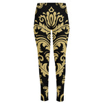 Black And Beige Damask Pattern Print High-Waisted Pocket Leggings