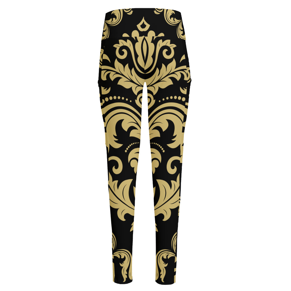 Black And Beige Damask Pattern Print High-Waisted Pocket Leggings