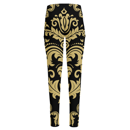 Black And Beige Damask Pattern Print High-Waisted Pocket Leggings