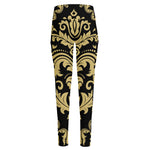 Black And Beige Damask Pattern Print High-Waisted Pocket Leggings