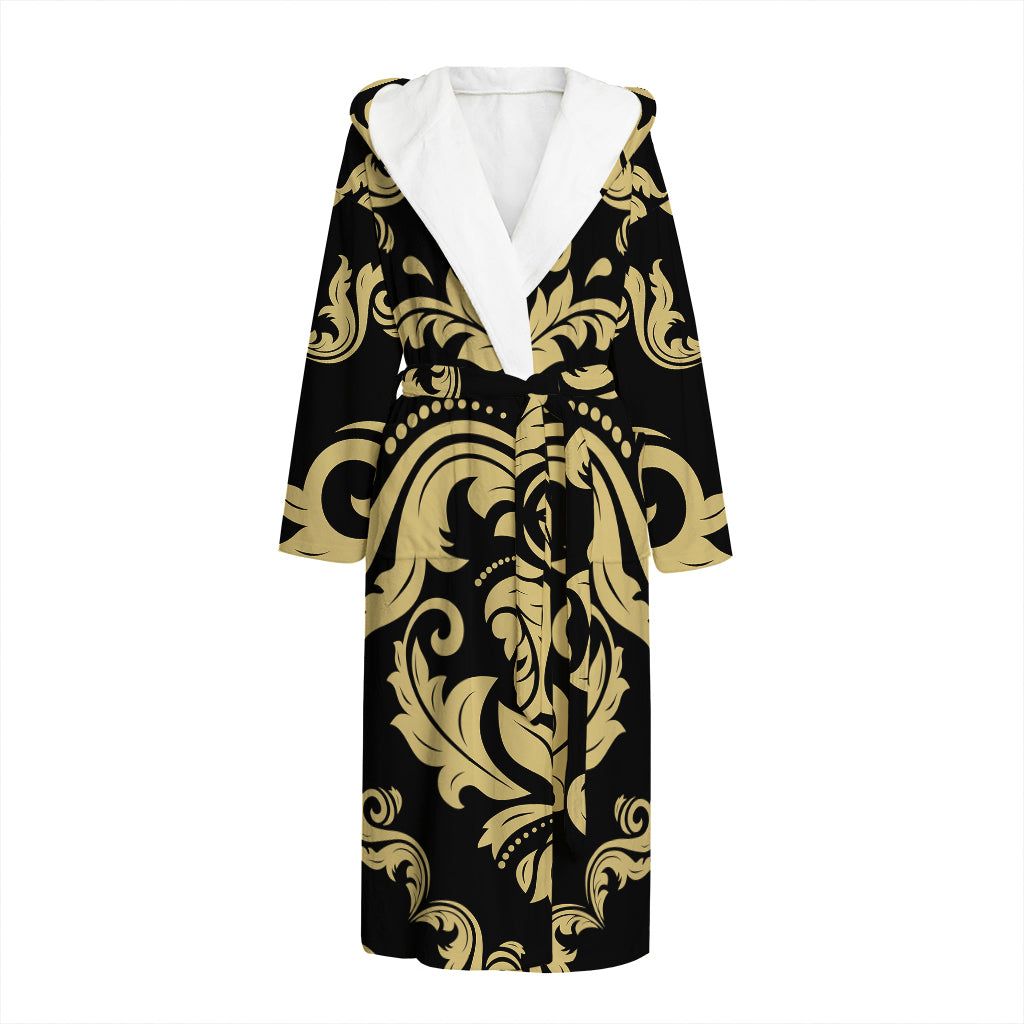 Black And Beige Damask Pattern Print Hooded Bathrobe