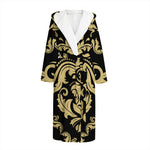 Black And Beige Damask Pattern Print Hooded Bathrobe