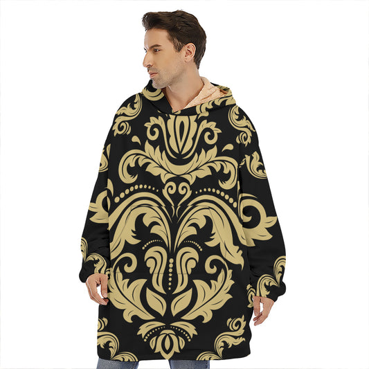 Black And Beige Damask Pattern Print Hoodie Blanket