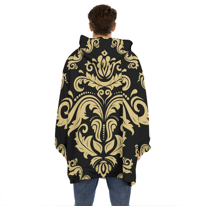 Black And Beige Damask Pattern Print Hoodie Blanket