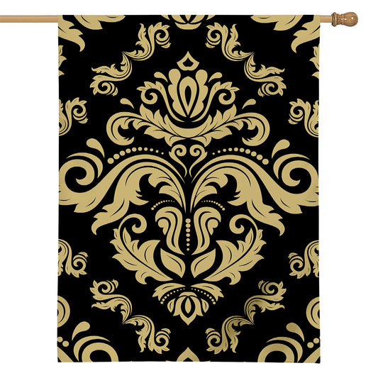 Black And Beige Damask Pattern Print House Flag