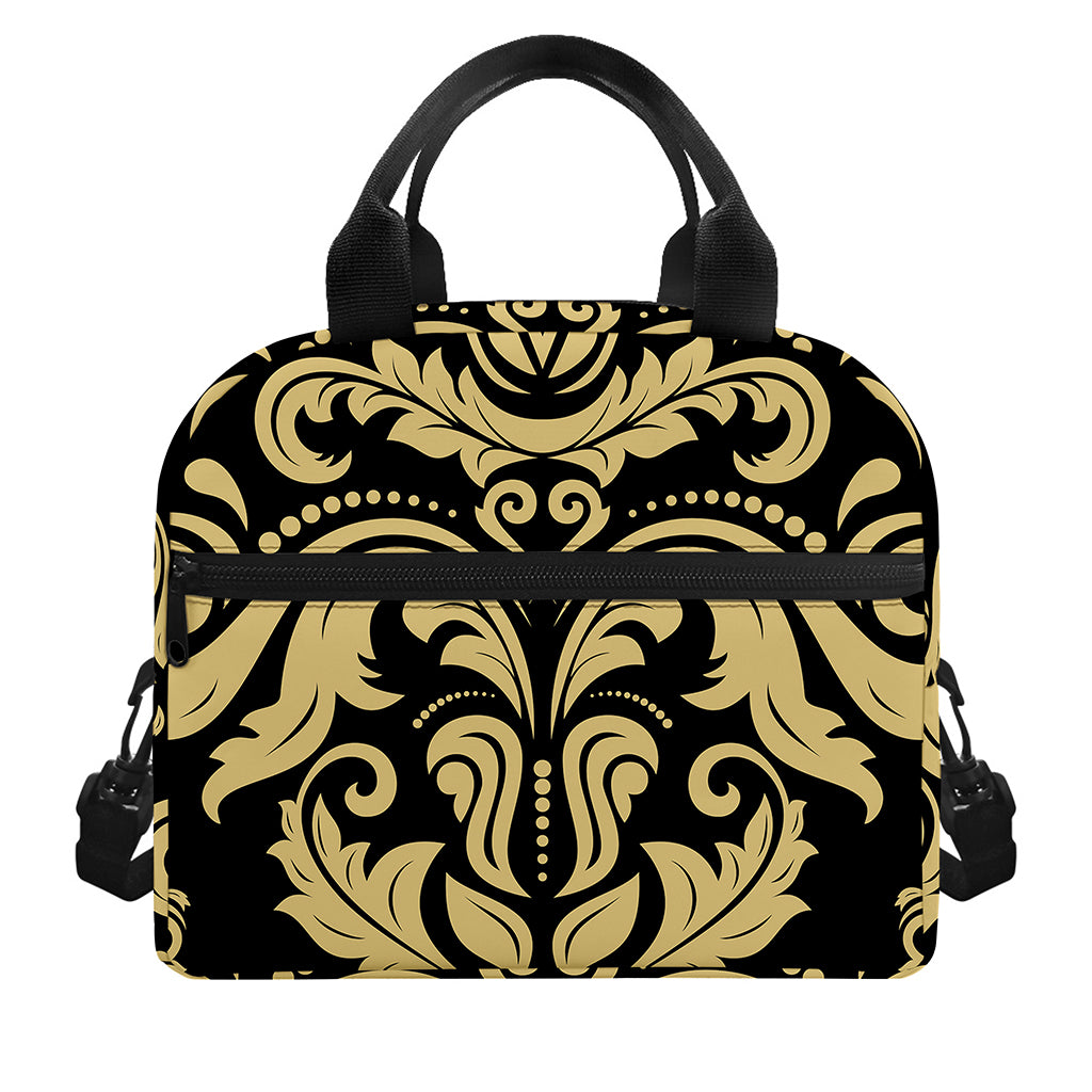 Black And Beige Damask Pattern Print Insulated Lunch Bag