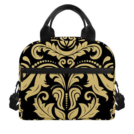Black And Beige Damask Pattern Print Insulated Lunch Bag