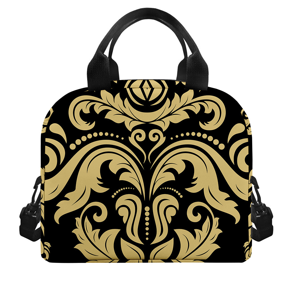 Black And Beige Damask Pattern Print Insulated Lunch Bag