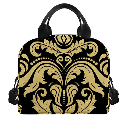 Black And Beige Damask Pattern Print Insulated Lunch Bag