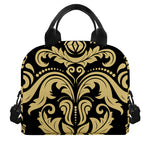 Black And Beige Damask Pattern Print Insulated Lunch Bag