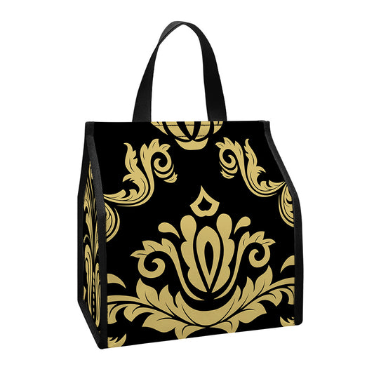 Black And Beige Damask Pattern Print Insulated Lunch Tote