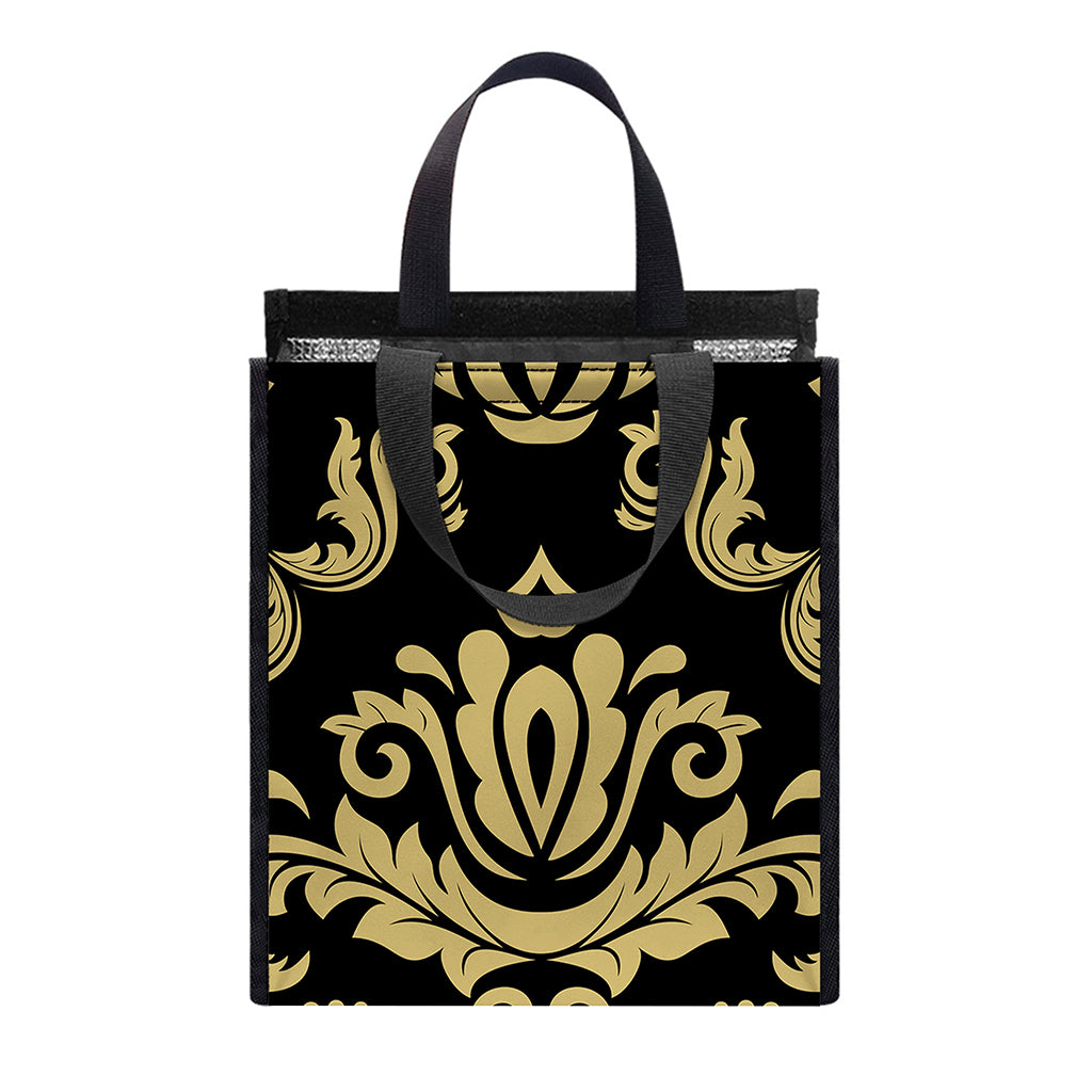 Black And Beige Damask Pattern Print Insulated Lunch Tote
