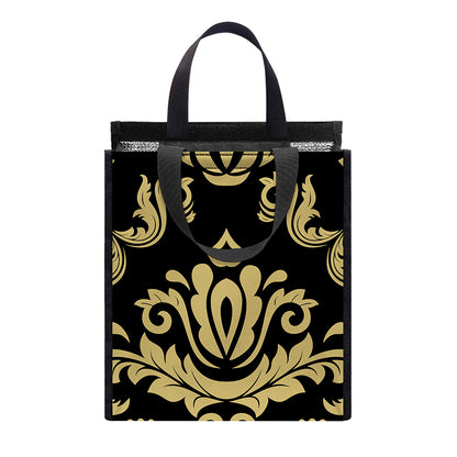 Black And Beige Damask Pattern Print Insulated Lunch Tote