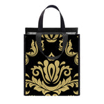Black And Beige Damask Pattern Print Insulated Lunch Tote