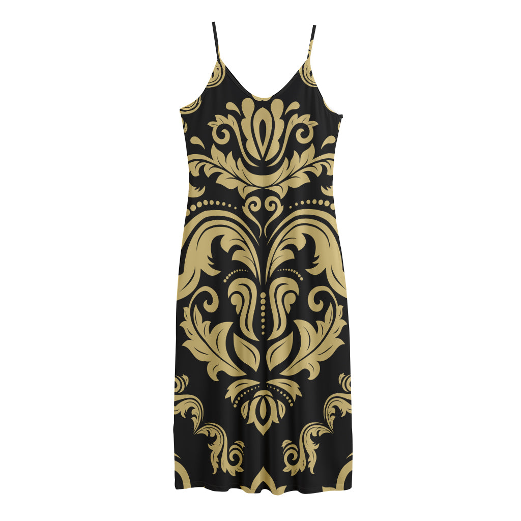 Black And Beige Damask Pattern Print Jersey Midi Cami Dress