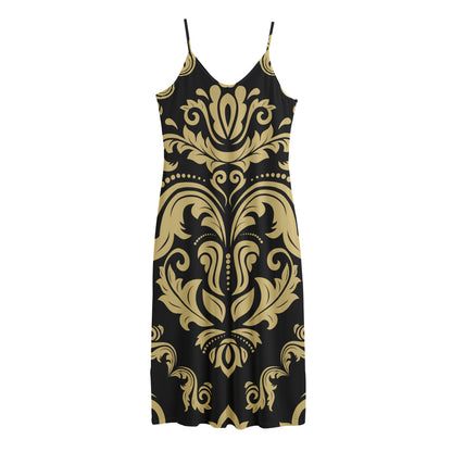 Black And Beige Damask Pattern Print Jersey Midi Cami Dress