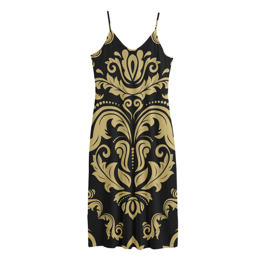 Black And Beige Damask Pattern Print Jersey Midi Cami Dress