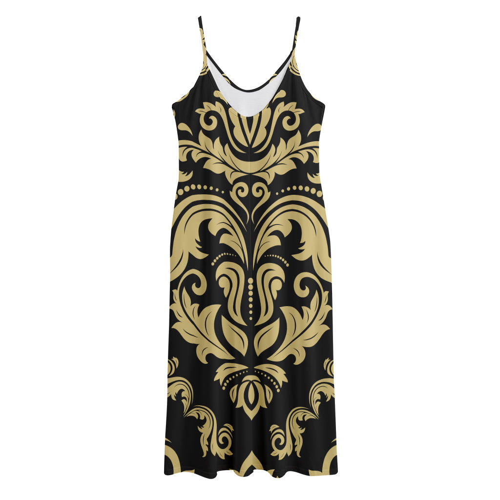 Black And Beige Damask Pattern Print Jersey Midi Cami Dress