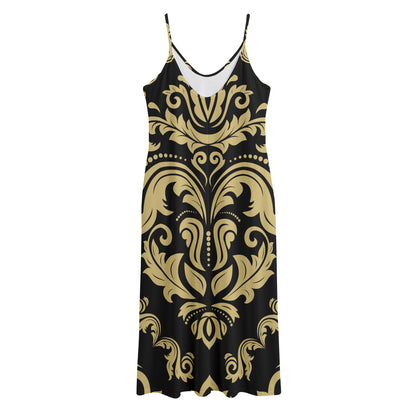 Black And Beige Damask Pattern Print Jersey Midi Cami Dress