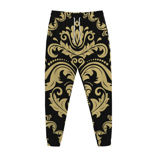 Black And Beige Damask Pattern Print Jogger Pants