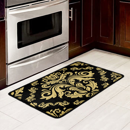 Black And Beige Damask Pattern Print Kitchen Mat