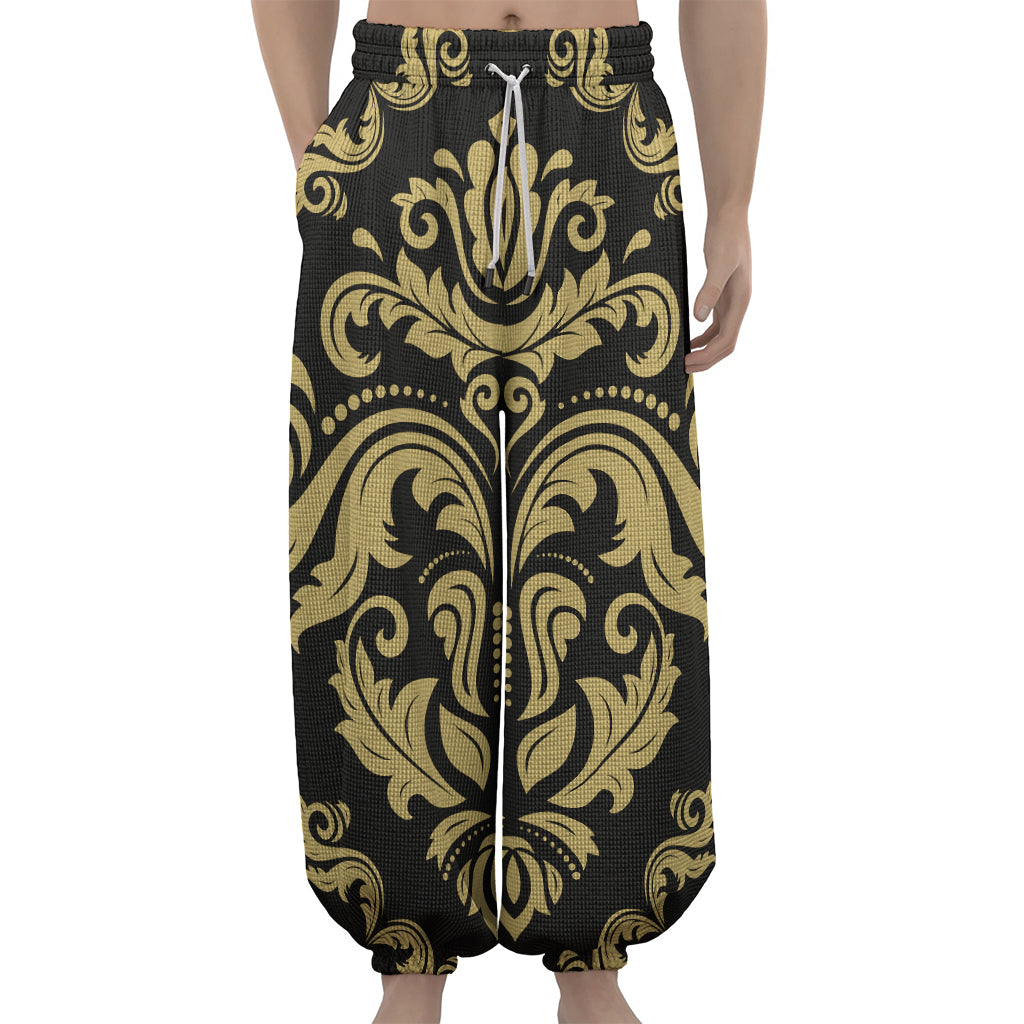 Black And Beige Damask Pattern Print Lantern Pants