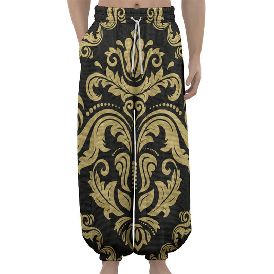 Black And Beige Damask Pattern Print Lantern Pants