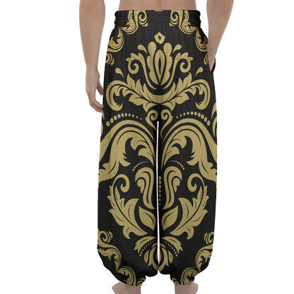 Black And Beige Damask Pattern Print Lantern Pants